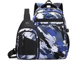 Sac à dos 2 pièces pour garçon pour l'école primaire, grand cartable pour enfant, sac à dos imperméable en nylon renforcé pour garçon de 10 à 18 ans, camouflage bleu
