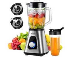 Safecourt Kitchen Blender - 1,5L Glas & 600ml To-Go beker - 1300W Smoothie maker - Krachtig, stil en eenvoudige reiniging - RVS