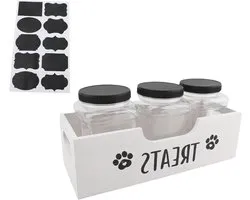 Wakects Dog Treat Organizer Container, Plastic and Wood with 3 Pots for Pet Snacks, Travel-friendly Storage Solution Dogs and Cats (WHITE)