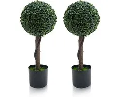 Triumpunpre Set van 2 Kunst Buxusbollen op Stam – Topiary Bal 61 cm – PE Kunstplant in Pot – voor Binnen & Buiten – Donkergroen