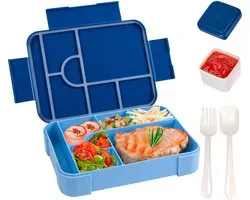 Bento Lunchbox - 1330ml Lekvrije Bento Box voor Volwassenen - 6 Vakken Voedselcontainer met Bestekset - BPA-vrij Snackbox voor Kantoor - Magnetron & Vaatwasserbestendig - Blauw - 1 Stuk