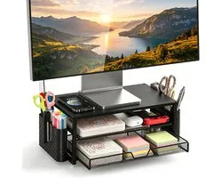 Monitorstandaard - Bureau Organizer - 14 cm Ergonomische Verhoging - 2 Niveaus met Lade - 2 Pennenhouders - Draagvermogen tot 20 kg - Voor Monitor, Laptop en Printer op Kantoor of Thuis