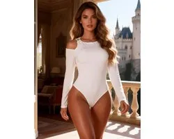 Zeloria Body Met Lange Mouwen en Open Shoulder – Sexy Dames Bodysuit – Wit – M