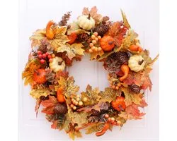 Herfst- en winterkrans van 45 cm - Deurkrans - Kunstmatige krans - Halloweendecoratie - Thanksgivingkrans - Kerstkrans - Rieten voet met pompoenen, bessen en dennenappels