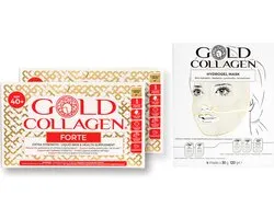 GOLD COLLAGEN FORTE + Masque hydrogel GRATUIT - Offre 2 boîtes + 4 masques hydrogel - Découvrez les bienfaits de 5000 mg de peptides de collagène marin hydrolysé liquide/50 ml - 20 ingrédients actifs - Types I et III - Sans sucre - Fabriqué au Japon