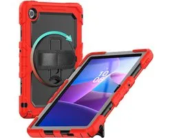 Hoes met ingebouwde Screenprotector Geschikt voor Lenovo Tab M10 Gen 4 (2025) | Inclusief 360° Draaibare Handriem en Schouderriem | Extreme bescherming | Ideaal voor zakelijk gebruik | Rood