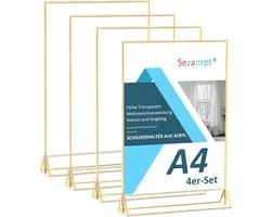 Sezanrpt A4 Acrylic Sign Holder with Gold Boarder 4 Pack, Wedding Table Numbers Display Stand Double Side, Clear Menu Holder for Table Top, Restaurant Retail, Paper Holder, Picture Frame