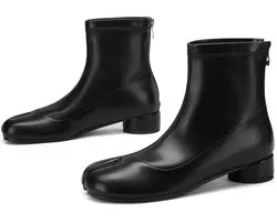 Toe Ankle Boots for Women Tabi Boots Japanese Ninja Shoes Low Chunky Heels Booties,Black Stretch Artificial Leather Boots Back Zipper