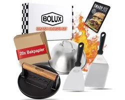 Bolux® Smash Burger Set - 5 delig - met gratis E-book - Hamburgerpers - Press - Gietijzer - BBQ Accesoires - RVS Spatel - Melting dome - Kamado - Vaderdag - Cadeau - Vlees Gewicht
