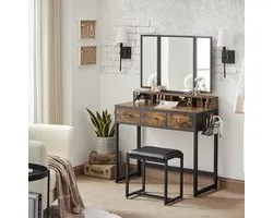 Make-up tafel – Kaptafel – Schminktafel – Make-up bureau – Vanity table – Drieluikspiegel – 3 Lades – Met Föhnhouder en Kruk - Vintage Bruin en Zwart
