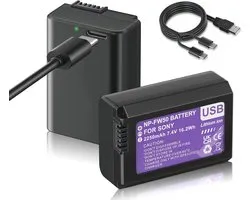 2 vervangende batterijen NP-FW50 2250 mAh USB Type C compatibel met Sony ZV-E10 Alpha a5100 a6000 a6300 a6400 a6500 Alpha a7 a7 II a7R a7R II a7S a7S Camera RX10 II RX10 III RX10 IV