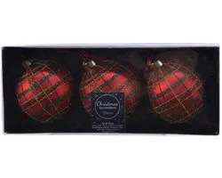 Decoris Kerstbal - rood - 6x stuks - ruit en glitters - glas - 8cm - luxe - gedecoreerd - kerstversiering van glas