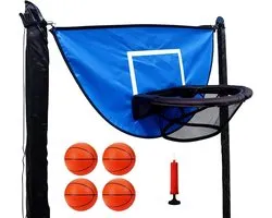 Panier de basket pour trampoline, accessoire de basket pour trampoline avec 4 mini-ballons de Ø 12 cm et 1 pompe, bord résistant aux déchirures pour dunker, accessoires de trampoline, mini panier de basket pour l'intérieur et