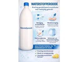 1 LITER WATERSTOFPEROXIDE (gestabiliseerd zuurstofwater)  Werkt desinfecterend, antibacterieel en ontkalker  Perfect voor wondverzorging, schoonmaken van oppervlakken, verwijderen van vlekken en desinfecteren van fruit  Veilig en duurzaam!