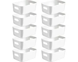 Pakket van 10 opbergdozen, plastic opbergmand, keukenkastorganizer met handvatten, manden, plastic doos voor badkamer, keuken, voorraadkast (wit, middelgroot)