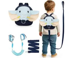 Ce sac à dos anti-perte 3-en-1 avec imprimé d'éléphant dispose d'une sangle de sécurité, d'un bracelet anti-perte et d'un bracelet anti-perte avec clé et serrure. Convient aux enfants de 1 à 5 ans, parfait pour les sorties et les voyages. Bleu.