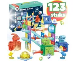 BoefieBoef Magnetische Dinosaurus Knikkerbaan - 123-delige Magnetic Tiles met Licht - Montessori & STEM Educatief Constructiespeelgoed - Bouwblokken voor Peuters & Kleuters 3+ Jaar - Compatibel met Magna-Tiles & Magformers - Verjaardagscadeau