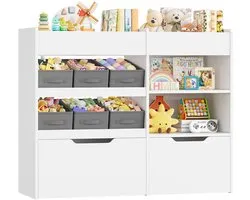 CINK & Co Meuble à jouets avec 8 boîtes de rangement - Bibliothèque pour enfants à 4 niveaux - 6 boîtes en tissu et 2 en bois sur roulettes - Blanc