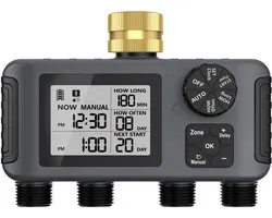 Messing 4-weg watertimer – Besproeiingscomputer voor 4 zones - Besproeiingscomputer - beregeningscomputer - IP66 Waterdichte - Instelbare bewateringstijd en - frequentie per zone