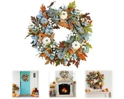 Couronne artificielle – Décoration suspendue – Couronne de porte – Ornée de feuilles d'érable, de citrouilles, de baies – Couronne murale – Intérieur et extérieur – Pour Halloween, Thanksgiving, Noël, décoration d'automne (45 cm – Orange)