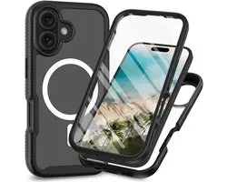 Coque avec protecteur d'écran intégré pour Apple iPhone 16 Plus | Compatible avec MagSafe | Protection totale contre les chutes | Housse de protection antichoc | Clair / Noir
