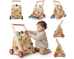 sun baby Babyspel en loopwagen - Bruin, loopwagen speelbord met interactief speelgoedwielen, rubber, voor kinderen 12-36 maanden