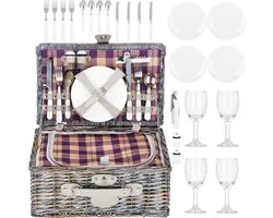 Springos Picknickmand - Servies - 4 Persoons - Thermisch - Riet - Grijs - 42 x 27 x 20 cm