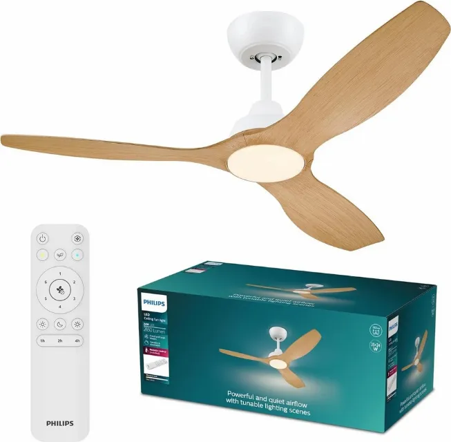 PHILIPS Olas Ceiling Fan Light, LED Light, 132cm Diameter, White/Wood [Energy Cl