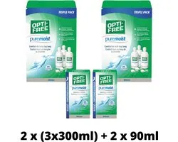 Solution pour lentilles de contact OptiFree Puremoist - 2x pack économique : 3x 300 ml + 90 ml + 3 étuis à lentilles + pack de voyage gratuit : 2x 60 ml