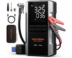 WOLFBOX 3000A Jump Starter met luchtcompressor - Bandenpomp - Powerbank - 16000 mAh - Elektrische fietspomp - Fiets/Auto/Motor/Bal/Luchtbed - 59,2 Wh & 160 PSI - voor 8L benzine/6L dieselmotoren - met boostfunctie, verlichting en LED-scherm