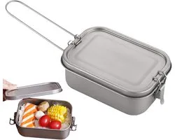 KZQ Lunchbox van titaniumlegering voor kamperen, lekvrije voedselcontainer met afsluitdeksel en inklapbaar handvat, gemaakt van metaal, geschikt voor koken boven een vuur en voor backpacken. 800 ml [met handvat]