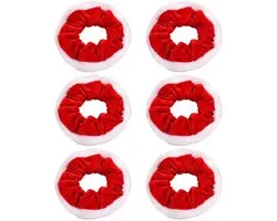 AOVNA 6 Stuks Kerst Scrunchies - Rood Fluwelen Met Witte Faux Bont Rand - Elastische Klassieke Haar Accessoires