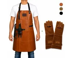 Tablier de BBQ en cuir avec Gants en cuir – Cuir véritable marron clair – Garantie 2 ans – Tablier de cuisine de Luxe pour homme – Tablier de barbecue avec Groot poche, boucle pour serviette et décapsuleur – Pour la Vaderdag, Noël ou un anniversaire