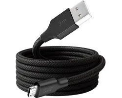 Long câble Micro usb - Chargeur - Compatible avec l'ancien port Samsung huawei xiaomi oppo honor sony htc jbl bose téléphone enceinte casque câble de recharge - Robuste - 3 mètres - Long - Zwart