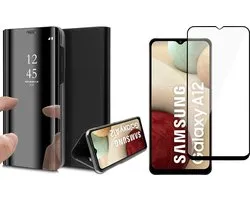 Hoesje geschikt voor Samsung Galaxy A12 - Screen Protector FullGuard - Book Case Spiegel Zwart & Screenprotector