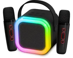 PartyFunLights - Mini duo karaoké avec party parleur et deux microphones noirs - Découvrez l'éclairage - Sans fil - Pour adultes et enfants