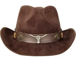 KIMU® Cowboyhoed Donkerbruin Stier - Western Rodeo Cowboy Hoed Suedine Bruin - Usa Texas Wilde Westen Dames Heren Halloween