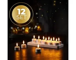 KENN® Originele Oplaadbare Waxinelichtjes – Set van 12 – Met Afstandsbediening & Timer – Inclusief Oplaadstation – Tot 120 Branduren – LED Waxinelichtjes – Oplaadbare Theelichtjes – Realistische Flikkerende Vlam – LED Kaarsen - Nep Kaarsen