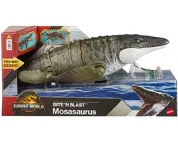 Mattel Jurassic World Rebirth Bijtende en Explosieve Mosasaurus, actiefiguur en mini-Dilophosaurus, dinosaurusspeelgoed met kaken die ver open kunnen, beweegbaar, ziet eruit als in de film
