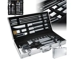 tectake® Barbecuegereedschap Set – 8 Stuks in Roestvrij Staal – Inclusief Reinigingsborstel, Tang, Vork, Mes en Maïskolfhouders – Geleverd in Aluminium Koffer (47 x 8 x 22 cm)