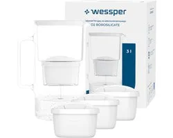 Wessper, Waterfilterkan Wessper D2 Borosilicate, glas, 3L, borosilicaatglas, wit + 4x waterfilter Aquamax standard , waterfilterpatronen, set