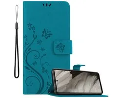 Étui Cadorabo compatible avec Google Pixel 7A en BLEU FLEURI - Étui de protection à motif floral avec fermeture magnétique, fonction support et emplacements pour cartes Book Case Cover Etui
