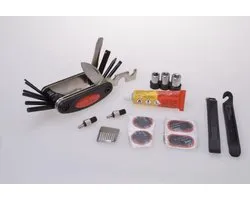 Outil multifonction pour vélo avec démonte-pneus et Fli, outil multifonction avec démonte-pneu et kit de réparation, 1 solution de caoutchouc, 2 caoutchoucs de valve, 2 démonte-pneus en plastique, 1 sac avec sangle, 14 pièces. multitool