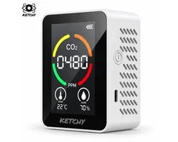 Ketchy Compteur de CO2 3 en 1 - Compteur de CO2 - Compteur de qualité de l'air - Compteur de CO2 intérieur - Thermomètre - Hygromètre - Portable et rechargeable - Incl. Alarme CO2 et câble USB