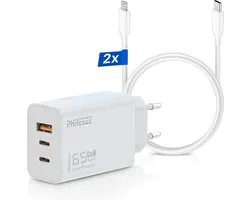 65w usb adapter geschikt voor Apple iPhone 14 / iPhone 13 / iPhone 12 / iPhone 11 / iPhone X + 2x Lightning naar USB-C kabel 2m - 3 poorten usb & usb C oplaadstekker