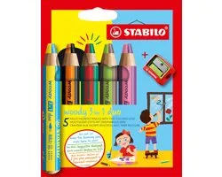 STABILO woody 3 in 1 duo - Multi Talent Kleurpotloden - Etui Met 5 Kleuren & Puntenslijper