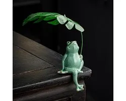 Statue de grenouille avec parapluie - Figurine en céramique - Décoration intérieure - Céramique faite main - 71 cm - Vert