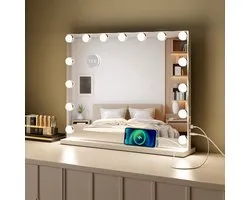 Royals Hollywood Spiegel 58x46CM - 15x Led Lampen - USB + USB-C Oplaadpoort - 10x Vergroting - 3 lichtstanden - Dimbaar - Smart Touch - hollywood spiegel met verlichting - Spiegel met verlichting - Make Up Spiegel - Visagie spiegel
