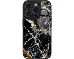 Hoesje geschikt voor iPhone 15 Pro - Black marble elegance - Luxe Hard Case - Marmer - Zwart - Mooie Telefoonhoesjes