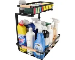 KROMS Gootsteenkast organizer zwart maat XL – Verstelbaar 2-laags gootsteenrek – Extra sterk tot 20 kg – Badkamer & keukenkast organizer